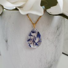 Load image into Gallery viewer, Handmade real flower teardrop pendant made with blue cornflower preserved in resin. - Teardrop Jewelry, Flower Jewelry, Jewelry Sets