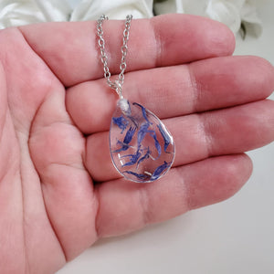 Handmade real flower teardrop pendant made with blue cornflower preserved in clear resin. - Flower Jewelry, Teardrop Jewelry, Jewelry Sets
