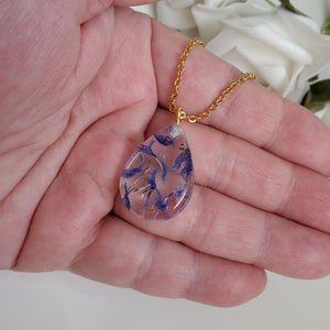 Handmade real flower teardrop pendant made with blue cornflower preserved in resin. - Teardrop Jewelry, Flower Jewelry, Jewelry Sets