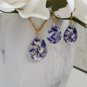 Handmade real flower teardrop pendant accompanied by a matching pair of drop earrings made with blue cornflower preserved in resin. - Teardrop Jewelry, Flower Jewelry, Jewelry Sets