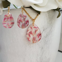 Load image into Gallery viewer, Handmade real flower teardrop pendant accompanied by a matching pair of drop earrings made with blue cornflower preserved in resin. - Teardrop Jewelry, Flower Jewelry, Jewelry Sets