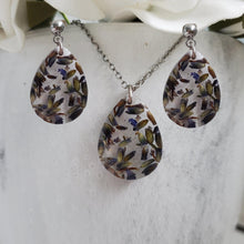 Load image into Gallery viewer, Handmade real flower teardrop pendant accompanied by matching stud earrings made with lavender preserved in clear resin. - Flower Jewelry, Teardrop Jewelry, Jewelry Sets