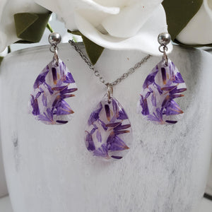 Handmade real flower teardrop pendant accompanied by matching stud earrings made with purple statice preserved in clear resin. - Flower Jewelry, Teardrop Jewelry, Jewelry Sets