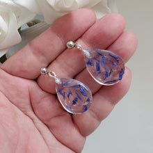 Load image into Gallery viewer, Handmade real flower teardrop stud earrings made with blue cornflower preserved in clear resin. - Flower Jewelry, Teardrop Jewelry, Jewelry Sets