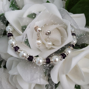 Handmade pearl and swarovski crystal bracelet accompanied by a pair of dangle pearl stud earrings - white and purple or custom color - Bracelet Sets - Bridal Jewelry Set - Pearl Set