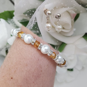 Handmade pearl and swarovski crystal bracelet accompanied by a pair of dangle pearl stud earrings - white and amber or custom color - Bracelet Sets - Bridal Jewelry Set - Pearl Set