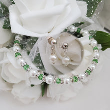 Load image into Gallery viewer, Handmade pearl and swarovski crystal bracelet accompanied by a pair of dangle pearl stud earrings - white and grass green or custom color - Bracelet Sets - Bridal Jewelry Set - Pearl Set