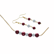 Load image into Gallery viewer, Pearl Crystal Bar Necklace Drop Earring Jewelry Set, silver and red or silver and custom color