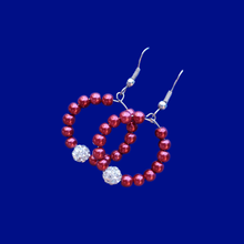 Load image into Gallery viewer, handmade pearl and crystal hoop earrings, bordeaux red or custom color - Dangle Earrings - Pearl Earrings - Earrings