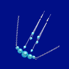 Load image into Gallery viewer, Necklace And Earring Set - Necklace Set - Pearl Set, handmade bar necklace accompanied by a pair of multi-strand drop earrings, aquamarine blue or custom color