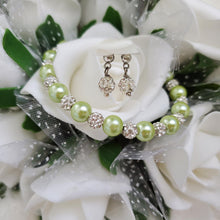 Load image into Gallery viewer, Handmade pearl and pave crystal rhinestone bracelet and stud earring jewelry set - light green or custom color - Bridal Sets - Bracelets Sets - Gift For Bridesmaids