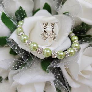 Handmade pearl and pave crystal rhinestone bracelet and stud earring jewelry set - light green or custom color - Bridal Sets - Bracelets Sets - Gift For Bridesmaids