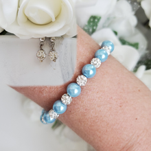 Load image into Gallery viewer, Handmade pearl and pave crystal rhinestone bracelet and stud earring jewelry set - light blue or custom color - Bridal Sets - Bracelets Sets - Gift For Bridesmaids