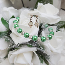 Load image into Gallery viewer, Handmade pearl and pave crystal rhinestone bracelet and stud earring jewelry set - green or custom color - Bridal Sets - Bracelets Sets - Gift For Bridesmaids