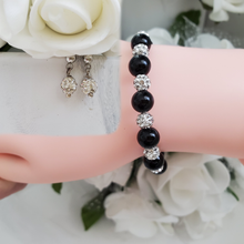 Load image into Gallery viewer, Handmade pearl and pave crystal rhinestone bracelet and stud earring jewelry set - black or custom color - Bridal Sets - Bracelets Sets - Gift For Bridesmaids