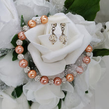 Load image into Gallery viewer, Handmade pearl and pave crystal rhinestone bracelet and stud earring jewelry set - powder orange or custom color - Bridal Sets - Bracelets Sets - Gift For Bridesmaids