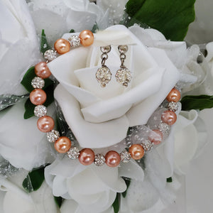 Handmade pearl and pave crystal rhinestone bracelet and stud earring jewelry set - powder orange or custom color - Bridal Sets - Bracelets Sets - Gift For Bridesmaids