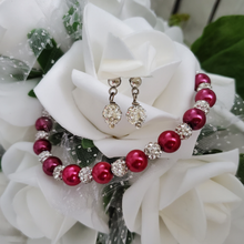 Load image into Gallery viewer, Handmade pearl and pave crystal rhinestone bracelet and stud earring jewelry set - dark pink or custom color - Bridal Sets - Bracelets Sets - Gift For Bridesmaids