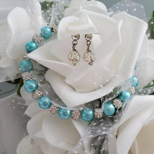 Load image into Gallery viewer, Handmade pearl and pave crystal rhinestone bracelet and stud earring jewelry set - aquamarine blue or custom color - Bridal Sets - Bracelets Sets - Gift For Bridesmaids