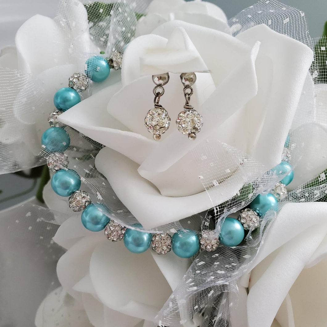 Handmade pearl and pave crystal rhinestone bracelet and stud earring jewelry set - aquamarine blue or custom color - Bridal Sets - Bracelets Sets - Gift For Bridesmaids