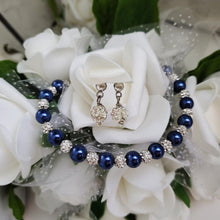 Load image into Gallery viewer, Handmade pearl and pave crystal rhinestone bracelet and stud earring jewelry set - dark blue or custom color - Bridal Sets - Bracelets Sets - Gift For Bridesmaids