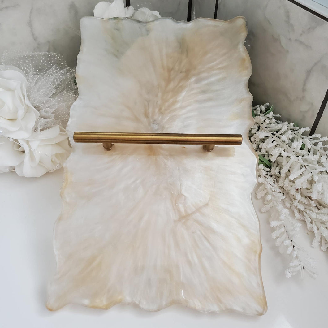 A gorgeous white and gold marbling effect decorative resin tray. - Decorative Tray - White And Gold Decor - Resin Tray