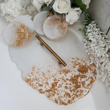 Load image into Gallery viewer, Handmade white and gold oval shape resin tray with or without coaster set- Resin Tray - Decorative Tray - White And Gold Decor
