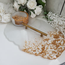Load image into Gallery viewer, Handmade white and gold oval shape resin tray with or without coaster set- Resin Tray - Decorative Tray - White And Gold Decor
