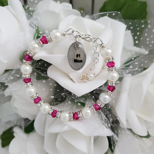 Handmade pearl and crystal charm bracelet for a #1 Mom - white and rose red - #1 Mom Bracelet - Mom Bracelet - Gifts For Mom