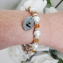 Load image into Gallery viewer, Handmade pearl and crystal charm bracelet for a #1 Mom - white and amber - #1 Mom Bracelet - Mom Bracelet - Gifts For Mom