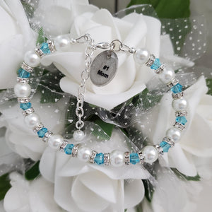 Handmade pearl and crystal charm bracelet for a #1 mom - white and lake blue - #1 Mom Bracelet - Mom Bracelet - Gifts For Mom