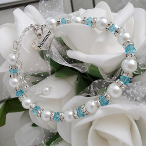 Handmade pearl and crystal charm bracelet for mommy - white and lake blue - #1 Mom Bracelet - Mom Bracelet - Gifts For Mom