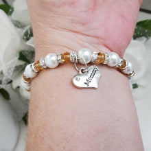 Load image into Gallery viewer, Handmade pearl and crystal charm bracelet for a Mommy - white and amber - #1 Mom Bracelet - Mom Bracelet - Gifts For Mom