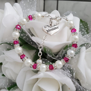 Handmade pearl and crystal charm bracelet for mommy - white and rose red - #1 Mom Bracelet - Mom Bracelet - Gifts For Mom