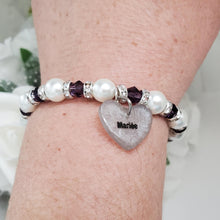 Load image into Gallery viewer, Handmade pearl and crystal Bride charm bracelet, ivory and purple or custom color - Bride Bracelet - Bride Present - Bride Jewelry