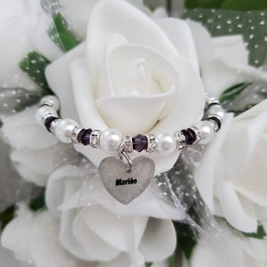 Handmade pearl and crystal Bride charm bracelet, ivory and purple or custom color - Bride Bracelet - Bride Present - Bride Jewelry