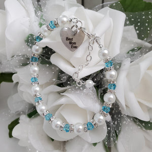 Handmade pearl and crystal charm bracelet for a best mom ever - white and lake blue - #1 Mom Bracelet - Mom Bracelet - Gifts For Mom