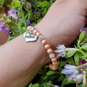 Handmade pearl and pave crystal rhinestone nana charm bracelet - powder orange or custom color - Gift for Nana - Nana Bracelet - Nana Jewelry