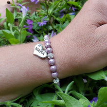 Load image into Gallery viewer, Handmade pearl and pave crystal rhinestone nana charm bracelet - lavender purple or custom color - Gift for Nana - Nana Bracelet - Nana Jewelry