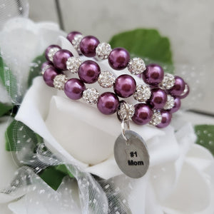 A handmade pearl and pave crystal expandable, multi-layer, wrap charm bracelet for a #1 mom - burgundy red or custom color - #1 Mom Gifts - #1 Mom Bracelet - Mom Gift Ideas