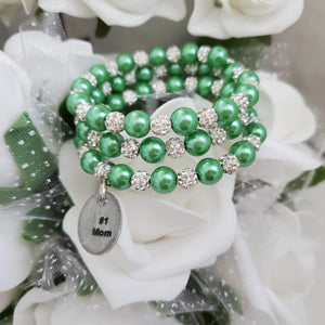 A handmade pearl and pave crystal expandable, multi-layer, wrap charm bracelet for a #1 mom - green or custom color - #1 Mom Gifts - #1 Mom Bracelet - Mom Gift Ideas