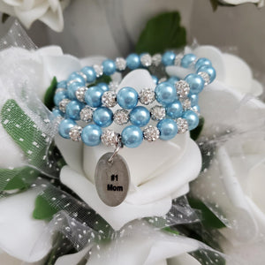 A handmade pearl and pave crystal expandable, multi-layer, wrap charm bracelet for a #1 mom - light blue or custom color - #1 Mom Gifts - #1 Mom Bracelet - Mom Gift Ideas