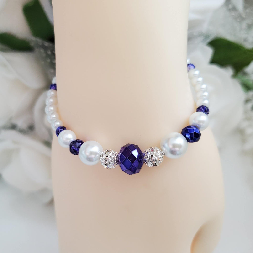 Handmade pearl and crystal bracelet - white and deep blue or custom color - Bracelet - Pearl Bracelet - Gift For Her - Bridal Gift
