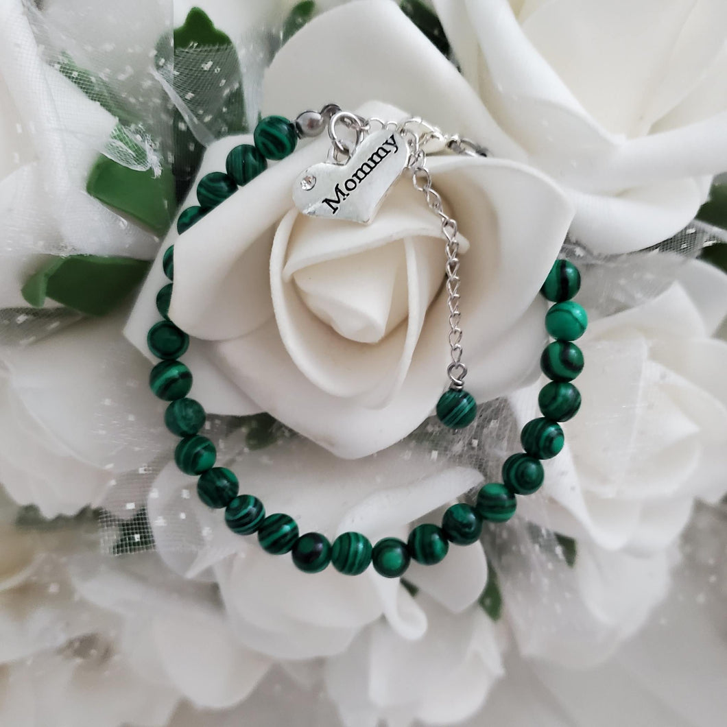 Handmade natural gemstonemommy charm bracelet - green malachite (shade of greens and black) or custom color - Mommy Gemstone Bracelet-Mommy Bracelet-Mom Gift