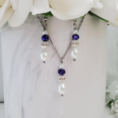 Handmade pearl and crystal drop pendant and dangle earring set - white and blue or custom color - Earring Sets - Pearl Jewelry Set - Necklace And Earring Set
