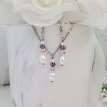 Load image into Gallery viewer, Handmade pearl and crystal drop pendant and dangle earring set - white and purple or custom color - Earring Sets - Pearl Jewelry Set - Necklace And Earring Set