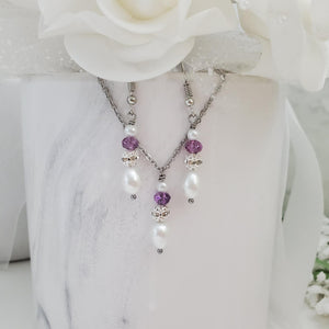 Handmade pearl and crystal drop pendant and dangle earring set - white and purple or custom color - Earring Sets - Pearl Jewelry Set - Necklace And Earring Set