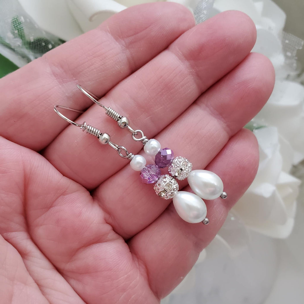Handmade pearl and crystal rhinestone teardrop earrings - white and purple or custom color - Drop Earrings - Pearl Earrings - Earrings