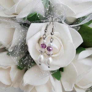 Handmade pearl and crystal rhinestone teardrop earrings - white and purple or custom color - Drop Earrings - Pearl Earrings - Earrings 