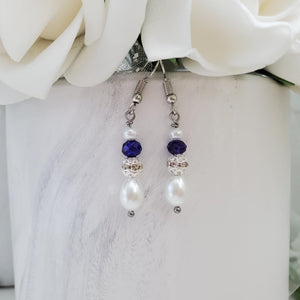 Handmade pearl and crystal rhinestone teardrop earrings - white and deep blue or custom color - Drop Earrings - Pearl Earrings - Earrings